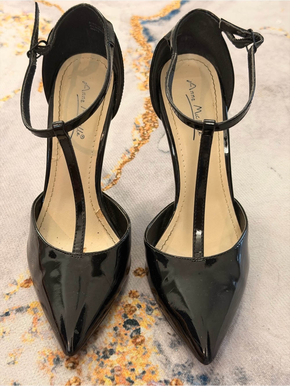 Anne Michelle Black Patent T-Strap Pointed Heels